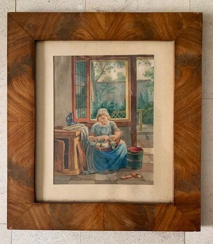 Antieke Aquarel - Dienstmeid - Dirk Schouten 1867 Dordrecht, Portret of Personen, Oud hollands, Ophalen of Verzenden, Aquarel