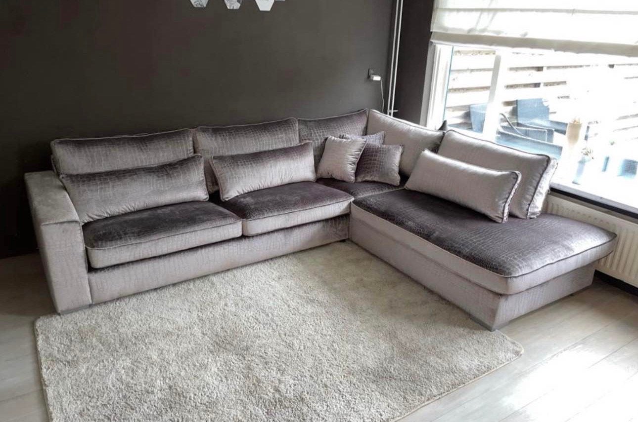 Croco velvet hoekbank- 310x250 cm, Huis en Inrichting, Hoekbank, 300 cm of meer, Ophalen of Verzenden, Zo goed als nieuw