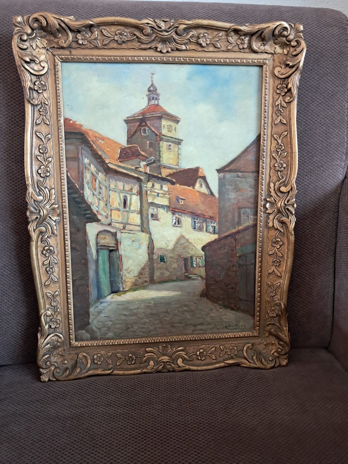 Olieverfschilderij: Straatje in Rothenburg ob der Tauber, Paneel, Realistisch, Ophalen of Verzenden, Olieverf