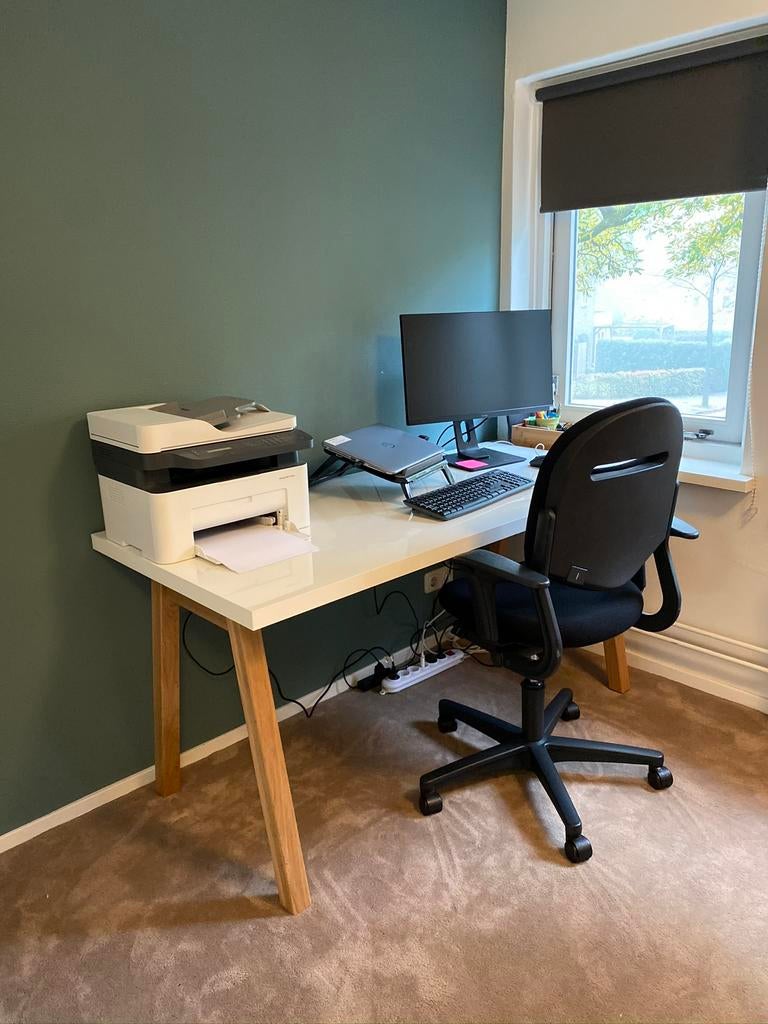 Bureau massief eikenhout - hoogglans wit/eikenhout, Huis en Inrichting, Ophalen, Gebruikt
