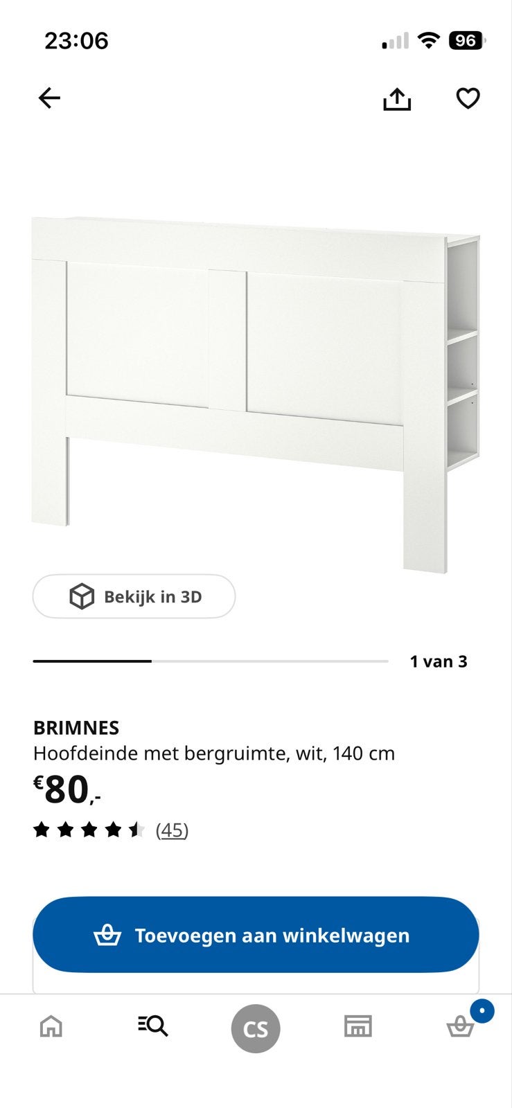 BRIMNES Hoofdeinde met bergruimte, wit, 140 cm, Huis en Inrichting, Ophalen, Gebruikt, Wit, Tweepersoons