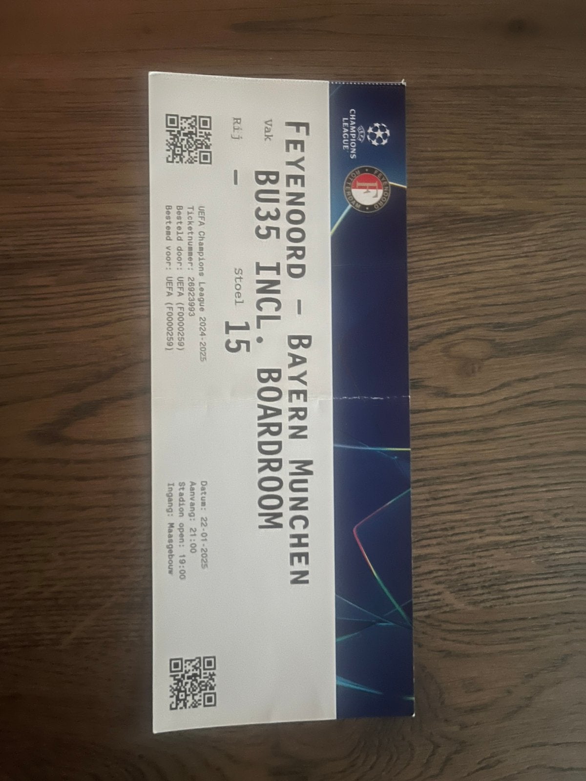 TICKET FEYENOORD-BAYERN MÜNCHEN 24-25 CHAMPIONS LEAGUE, Ophalen of Verzenden, Zo goed als nieuw, Feyenoord, Overige typen