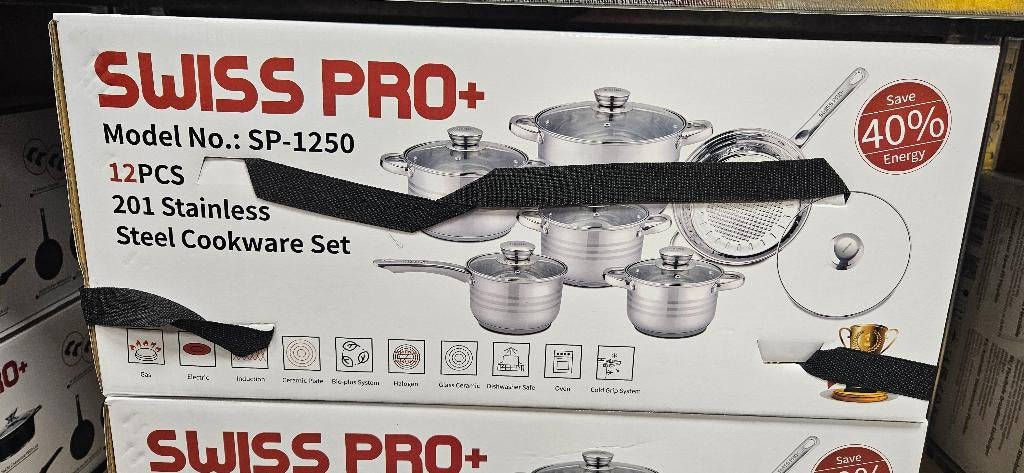 AANBIEDING! Swiss pro+ 12 delig pannenset -NIEUW, Nieuw, Pannenset, Ophalen of Verzenden, Rvs