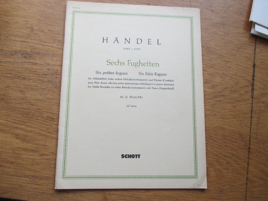 Händel - sechs fughetten voor alt blokfluit en piano, Piano, Klassiek, Ophalen of Verzenden, Zo goed als nieuw