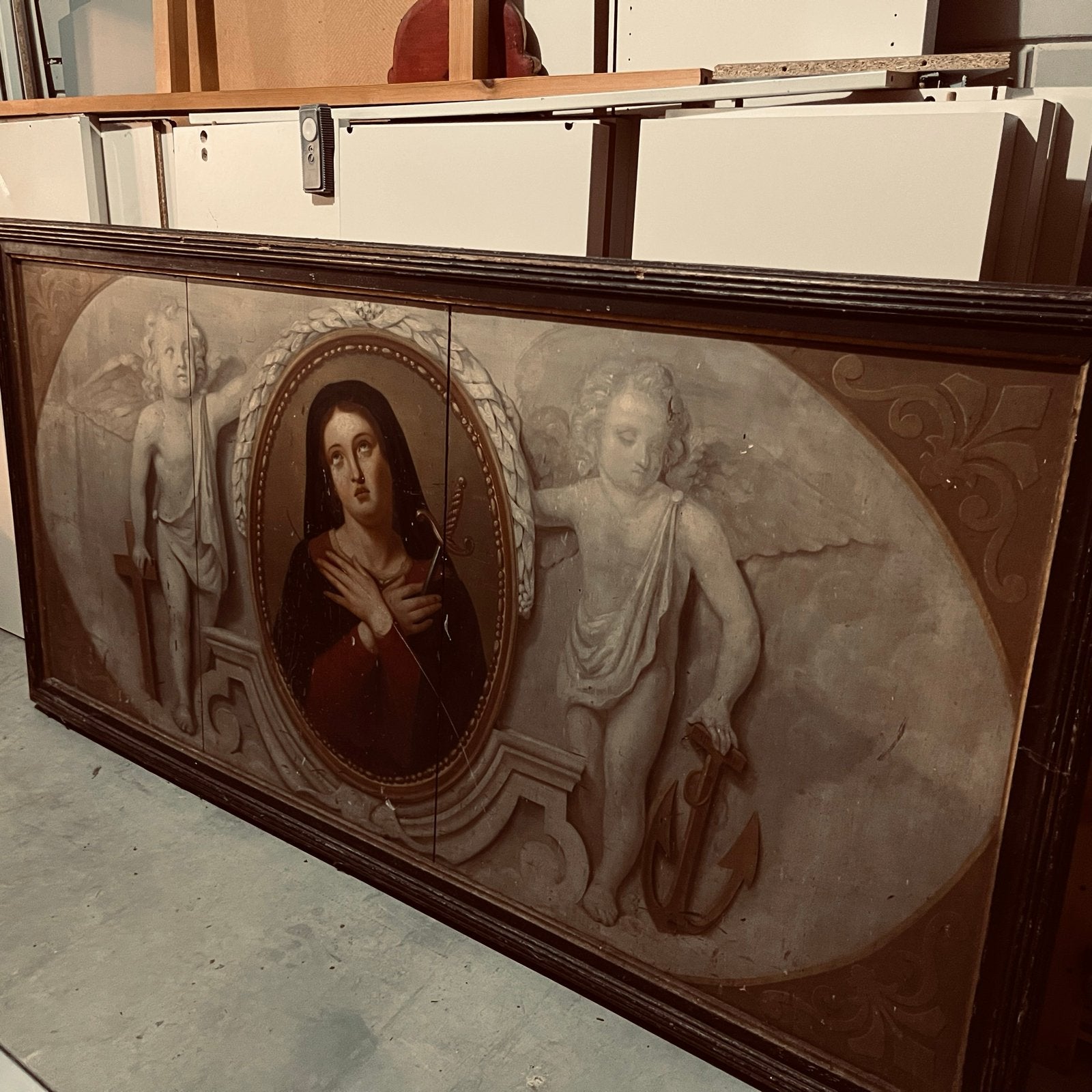 Antiek schilderij op houtpaneel uit kerk Gent - 205x100cm, Ophalen, Paneel, Handgeschilderd, Olieverf