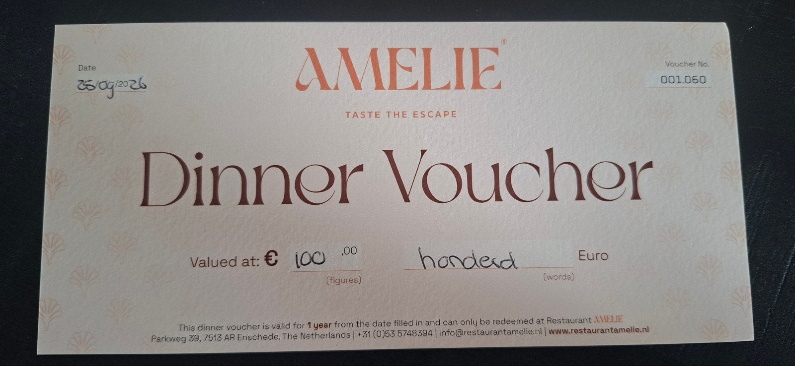 Diner bon Amelie €100, Eén persoon, Cadeaubon, Overige typen