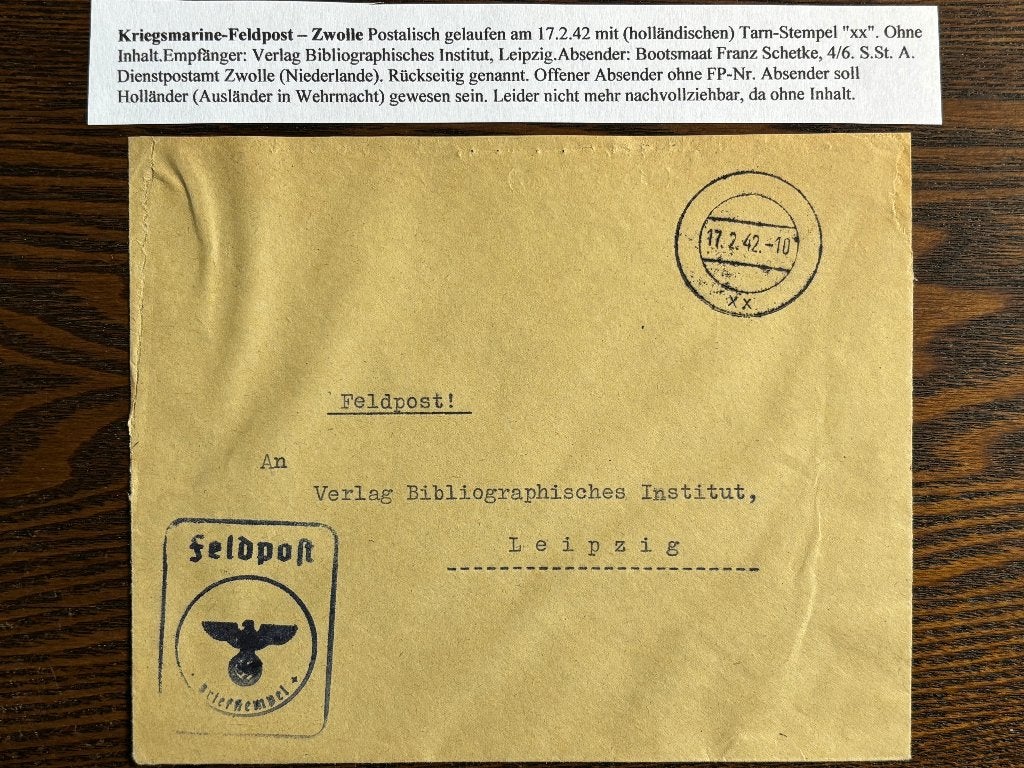 Feldpost via Duitse Dienstpost in bezet NL in WO2, Zwolle, Verzenden, Envelop