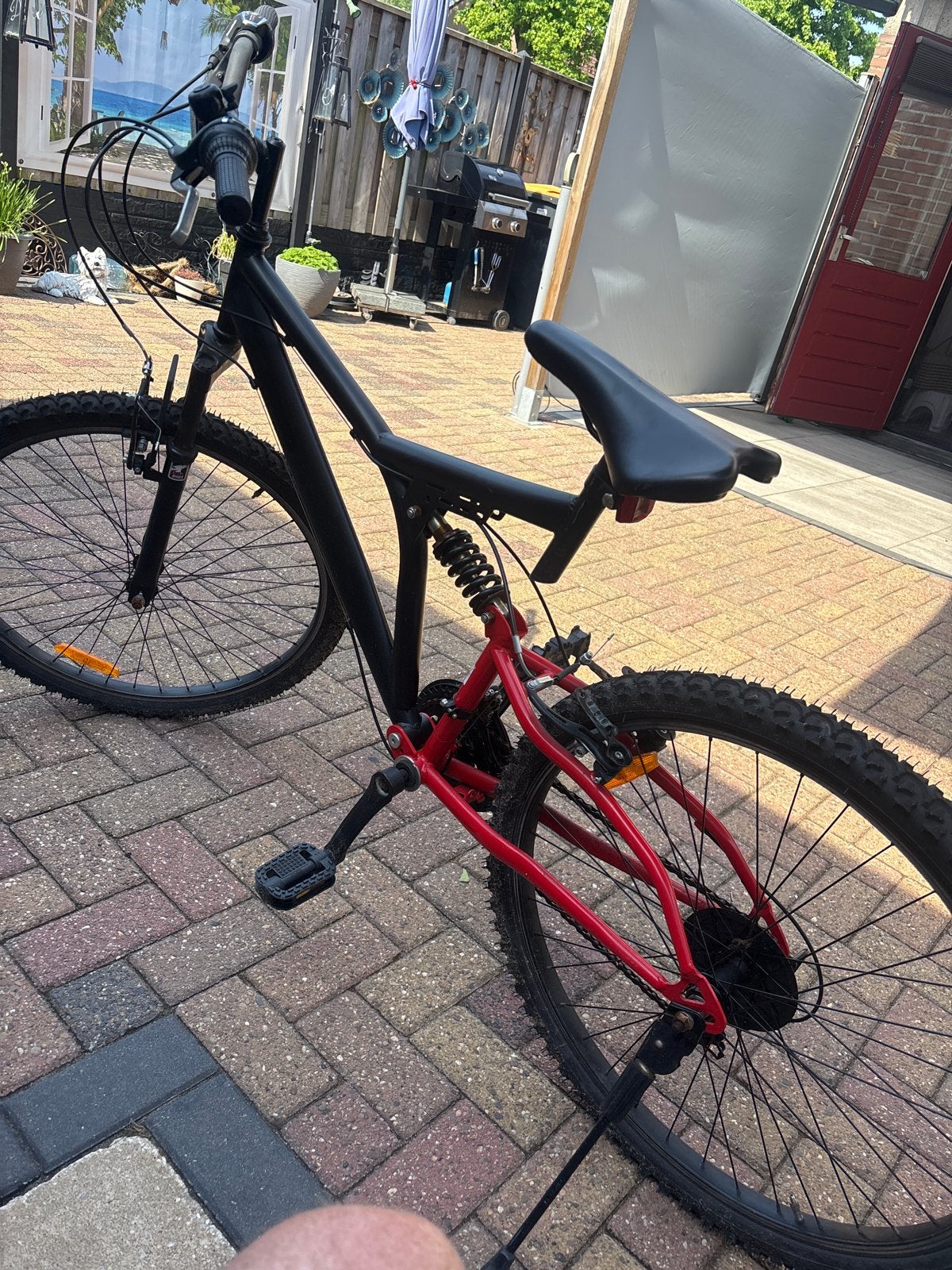 Mountainbike met vering - Zwart/Rood, Gebruikt, 49 tot 53 cm, Schijfrem, Ophalen