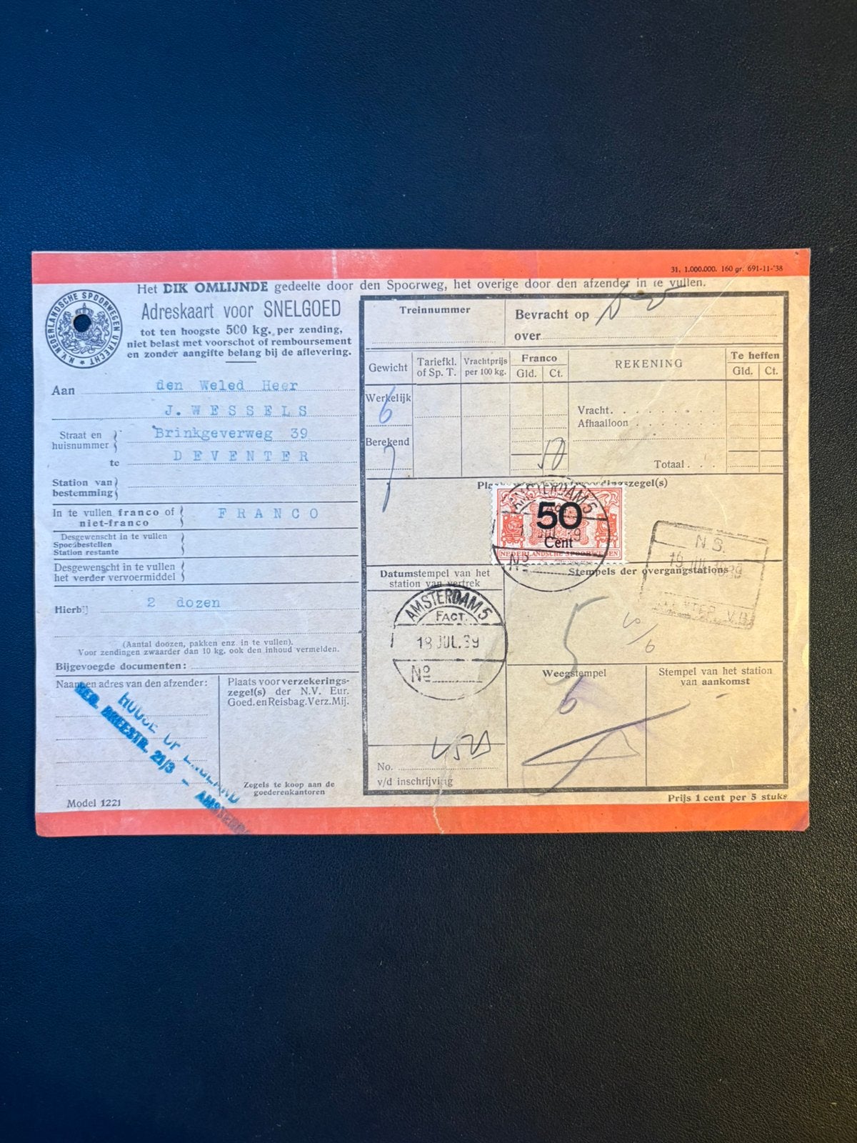Adreskaart voor snelgoed Amsterdam naar Deventer. (1939), Ophalen of Verzenden, Gebruikt, Trein