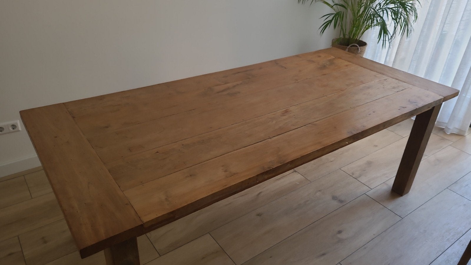 Houten eettafel 220x100 cm met tafelzeil, Ophalen, Gebruikt, 100 tot 150 cm, 200 cm of meer