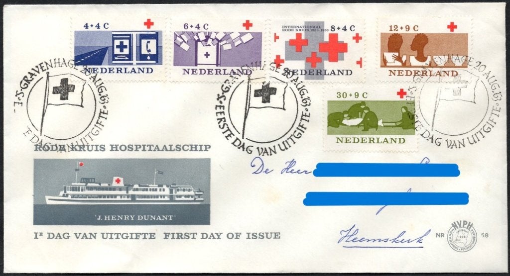 E58 - Rode Kruis 1963 - Hospitaalschip Henry Dunant, Verzenden, Beschreven, Nederland
