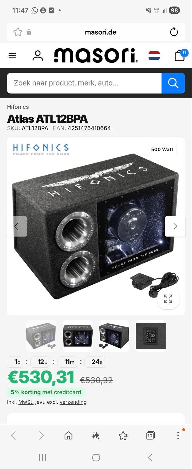 Hifonics Atlas ATL12BPA actieve subwoofer 30cm, Subwoofer, Ophalen of Verzenden, Zo goed als nieuw, 150 watt of meer