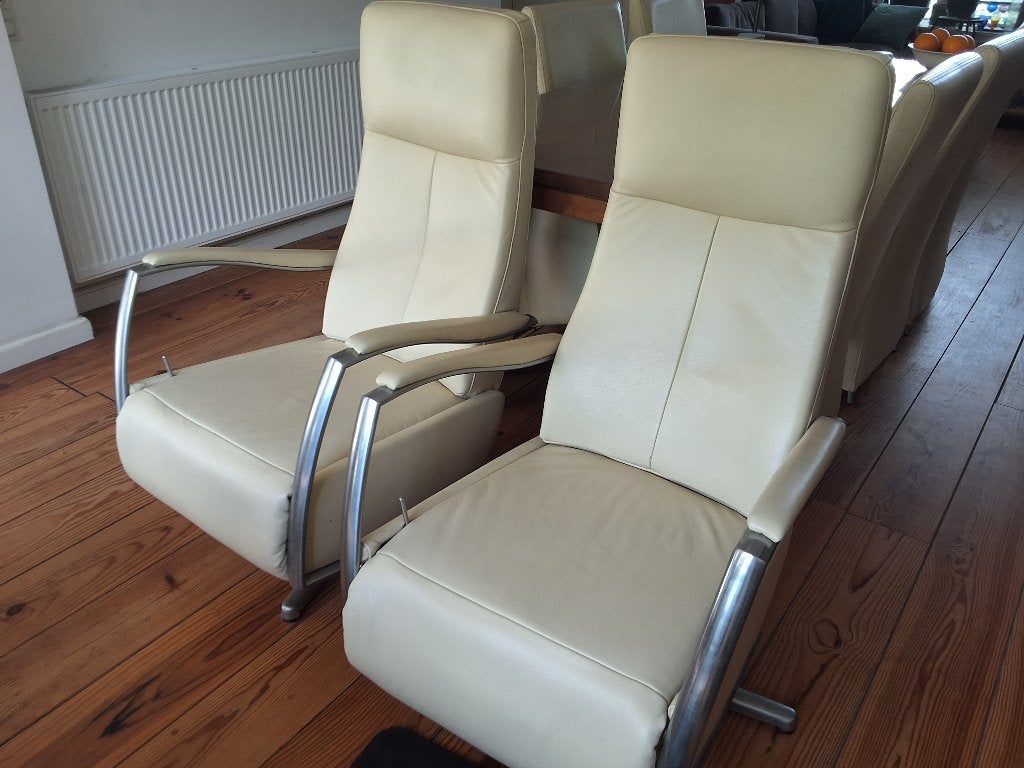 Twee crème lederen fauteuils met mechanische bediening, Huis en Inrichting, Ophalen, Gebruikt, 75 tot 100 cm, Leer