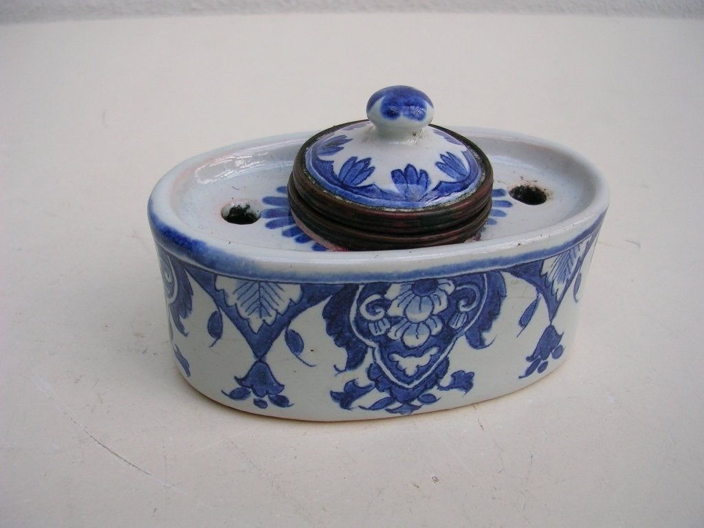 Klein Antiek Fayence Faience Inktpotje Inktstel Pennenhouder, Antiek en Kunst, Ophalen