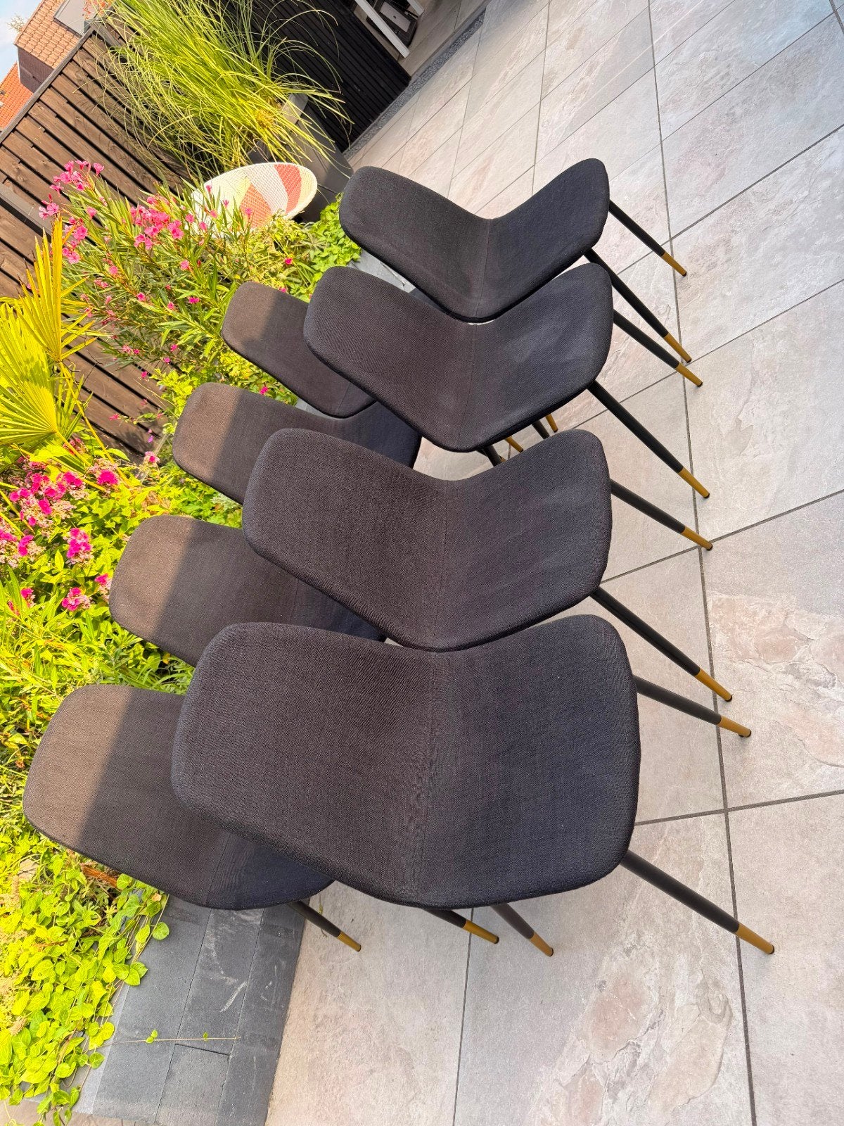 6 x Zwarte stoffen eetkamerstoelen met gouden accenten, Gebruikt, Zwart, Stof, Vijf, Zes of meer stoelen