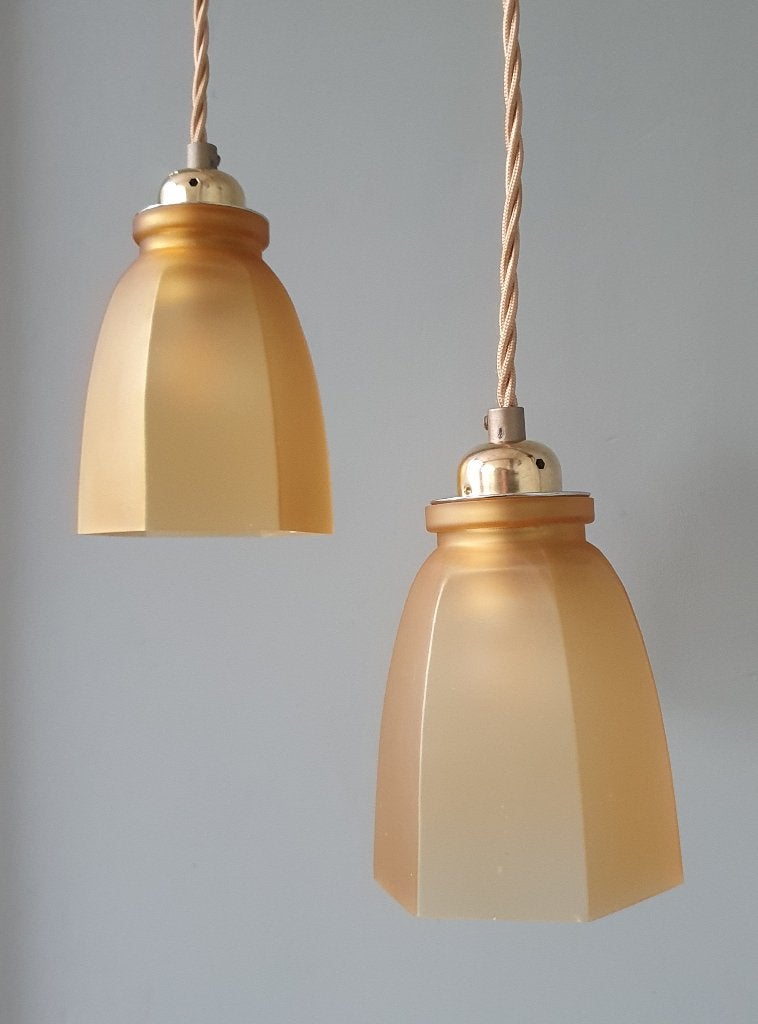 Set Vintage franse gele hanglampen van gekleurd glas., Ophalen of Verzenden, Gebruikt, Glas, Vintage, art deco, art nouveau, retro, antiek, klassiek