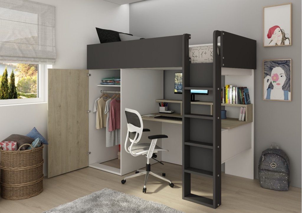 Flow hoogslaper met bureau en kast - 90x200 - Eiken/antracie, Niet ingevuld, Niet ingevuld, Niet ingevuld
