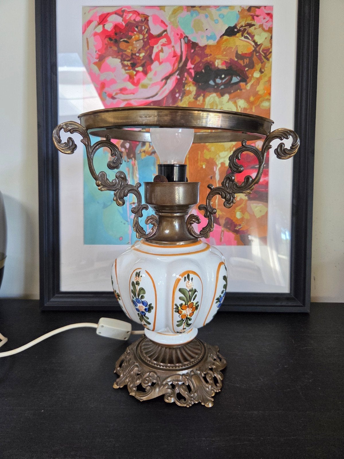 Vintage Tafellamp met Handgeschilderde Keramiek en Messing, Antiek en Kunst, Ophalen of Verzenden