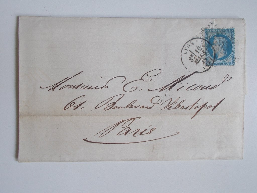 Frankrijk, Vouwenvelop Cachet Lyon Op De Postzegel 1869., Ophalen, Envelop