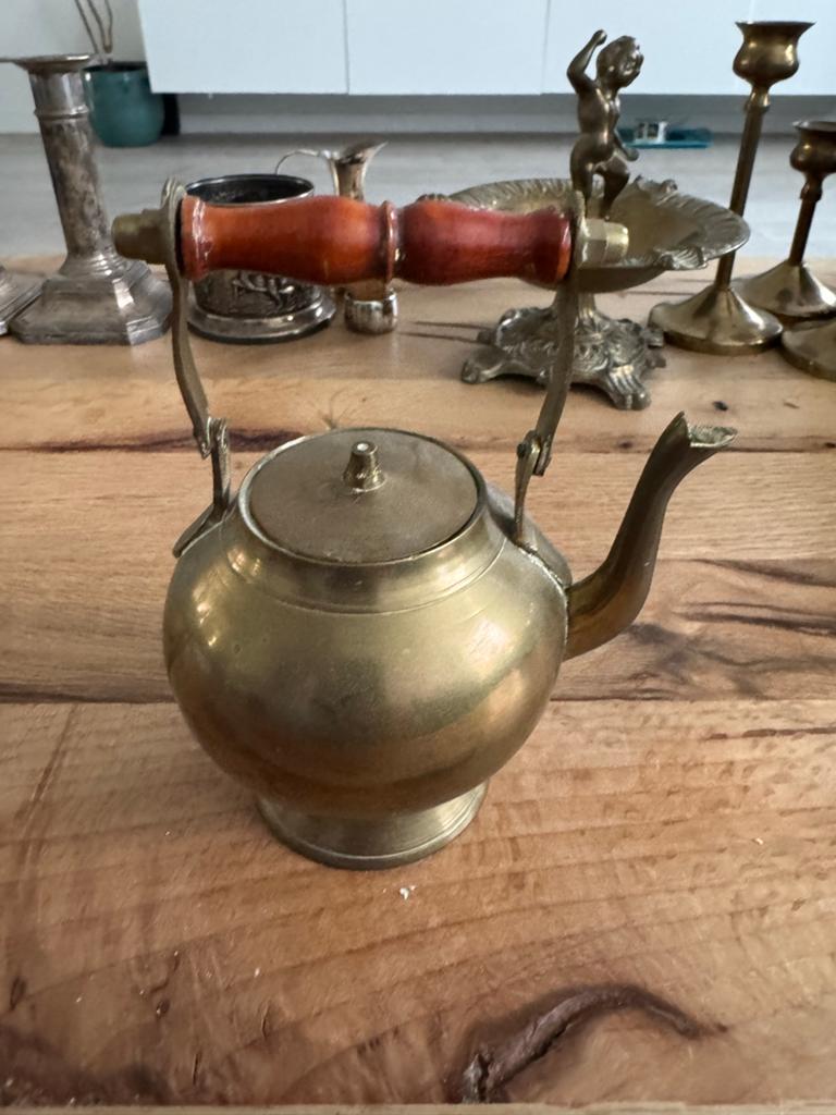 Vintage Messing Theepot / Waterketel met Houten Handvat, Antiek en Kunst, Ophalen of Verzenden, Koper