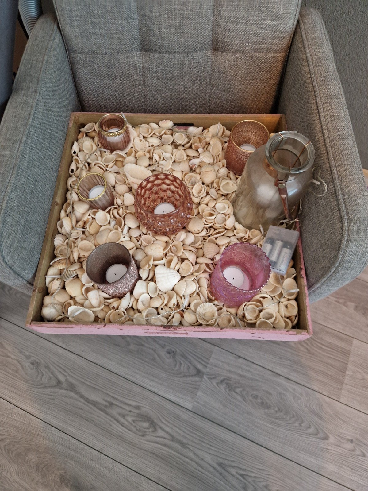 Decoratieve schaal met waxinelichthouders en schelpen, Ophalen, Gebruikt, Waxinelichthouder, Glas