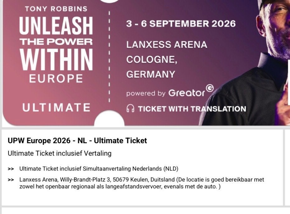 Tony Robbins - Ultimate ticket - Keulen - 3 t/m 6 september, Tickets en Kaartjes, Eén persoon, Meerdaags