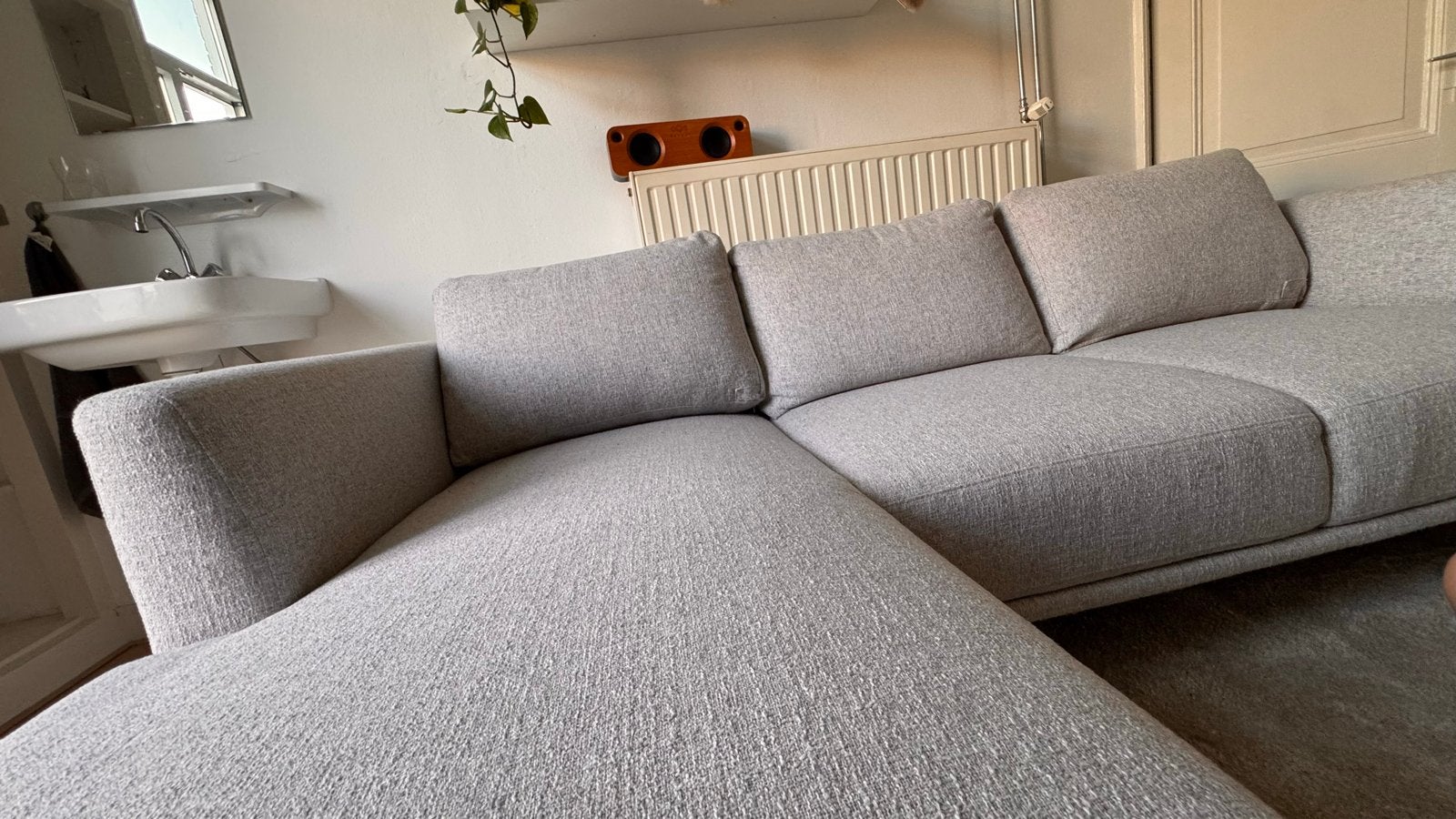 Moderne Hoekbank met Chaise Longue - Stof Oasis, 196 Shell, Huis en Inrichting, Banken | Bankstellen, Ophalen, 250 tot 300 cm