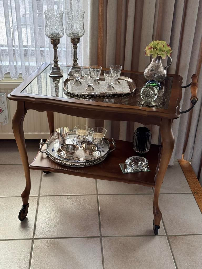 Vintage antieke Serveerwagen met Glasplaat en rotan inleg, Antiek en Kunst, Ophalen