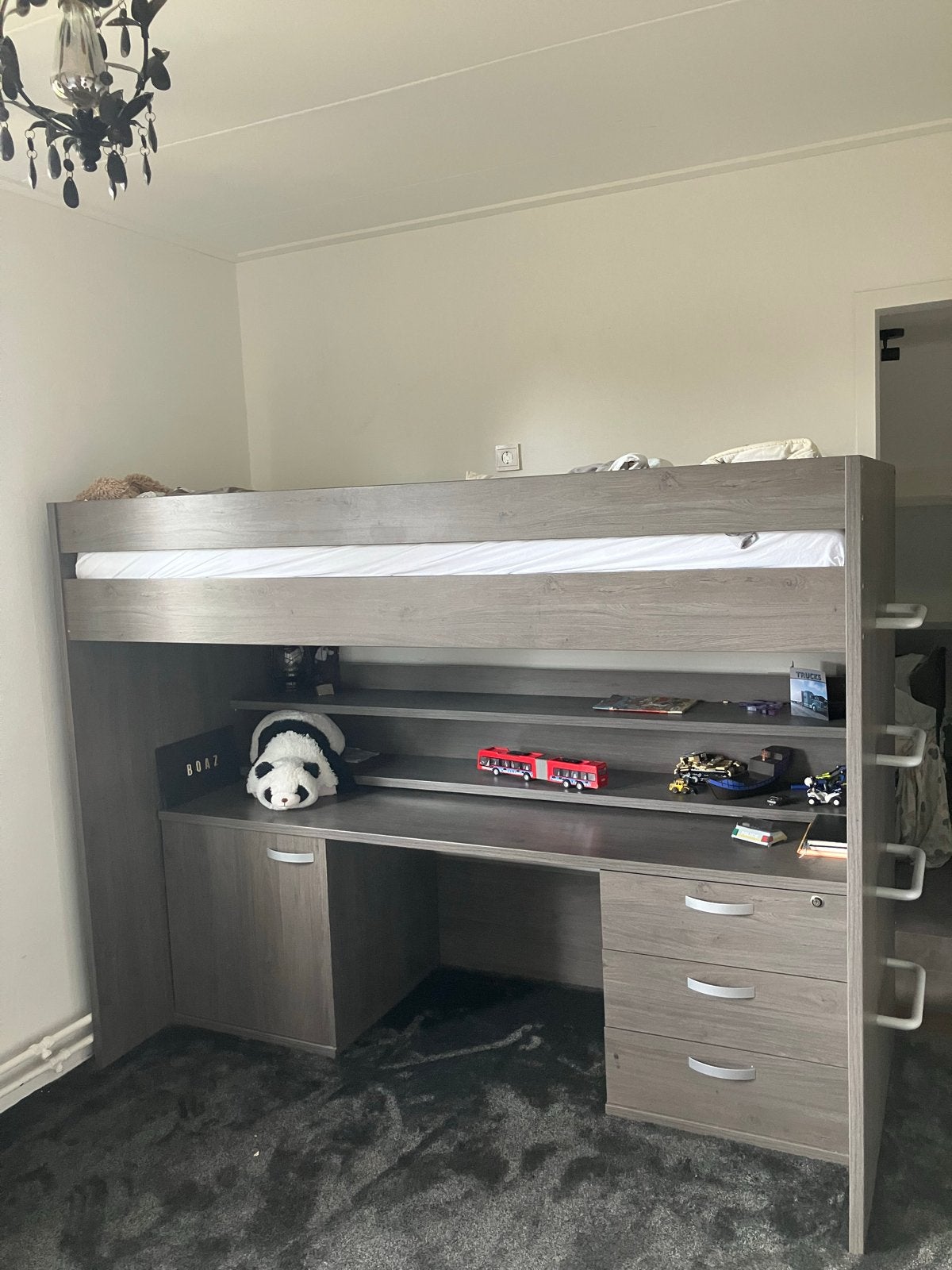 Hoogslaper met bureau en opbergruimte - Grijs hout, Ophalen, Gebruikt, Eenpersoons, 160 tot 180 cm