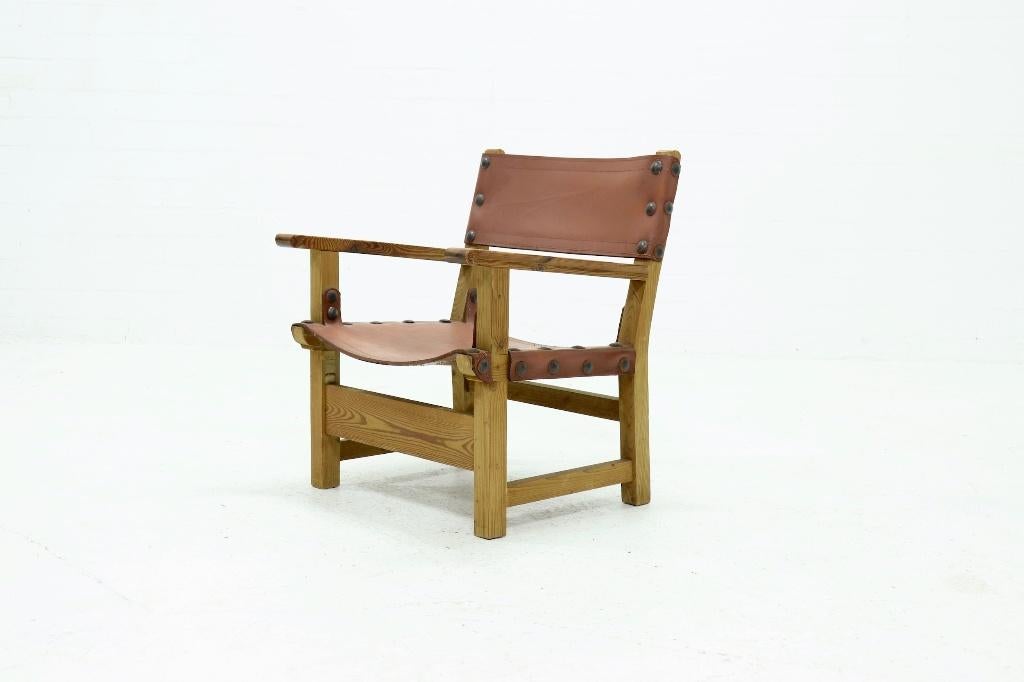 Vintage Brutalist Stoel Fauteuil Tuigleer Jaren 50 60, Ophalen, Gebruikt, Leer, 50 tot 75 cm