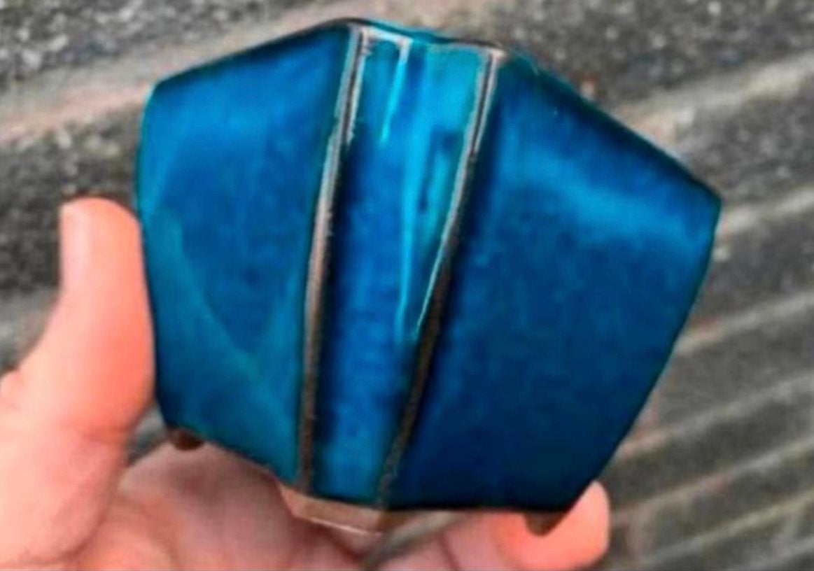 Bonsai pot blauw geglazuurd gemerkt Japans 8,1x8,1x6,1, Vierkant, Ophalen of Verzenden, Zo goed als nieuw, Aardewerk