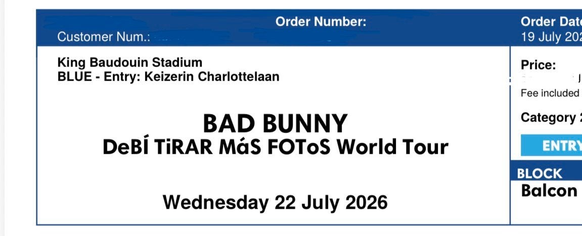 Bad Bunny Brussels Concert Ticket, Eén persoon, Juni