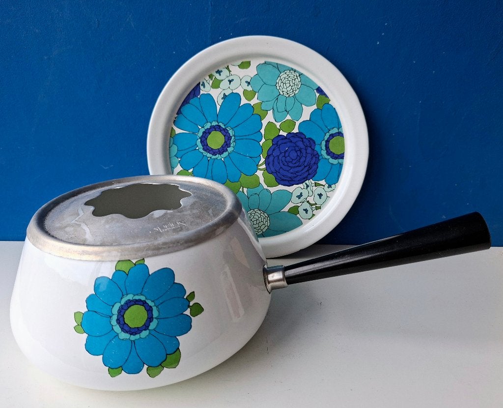 Retro emaille 'Spring' fonduepan met onderschaal, Ophalen of Verzenden, Gebruikt, Overige materialen, Overige typen