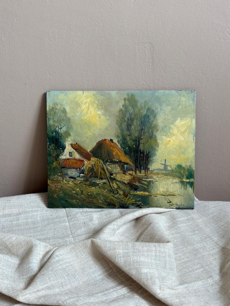 Vintage landelijk stilleven op hout schilderij gesigneerd, Ophalen of Verzenden