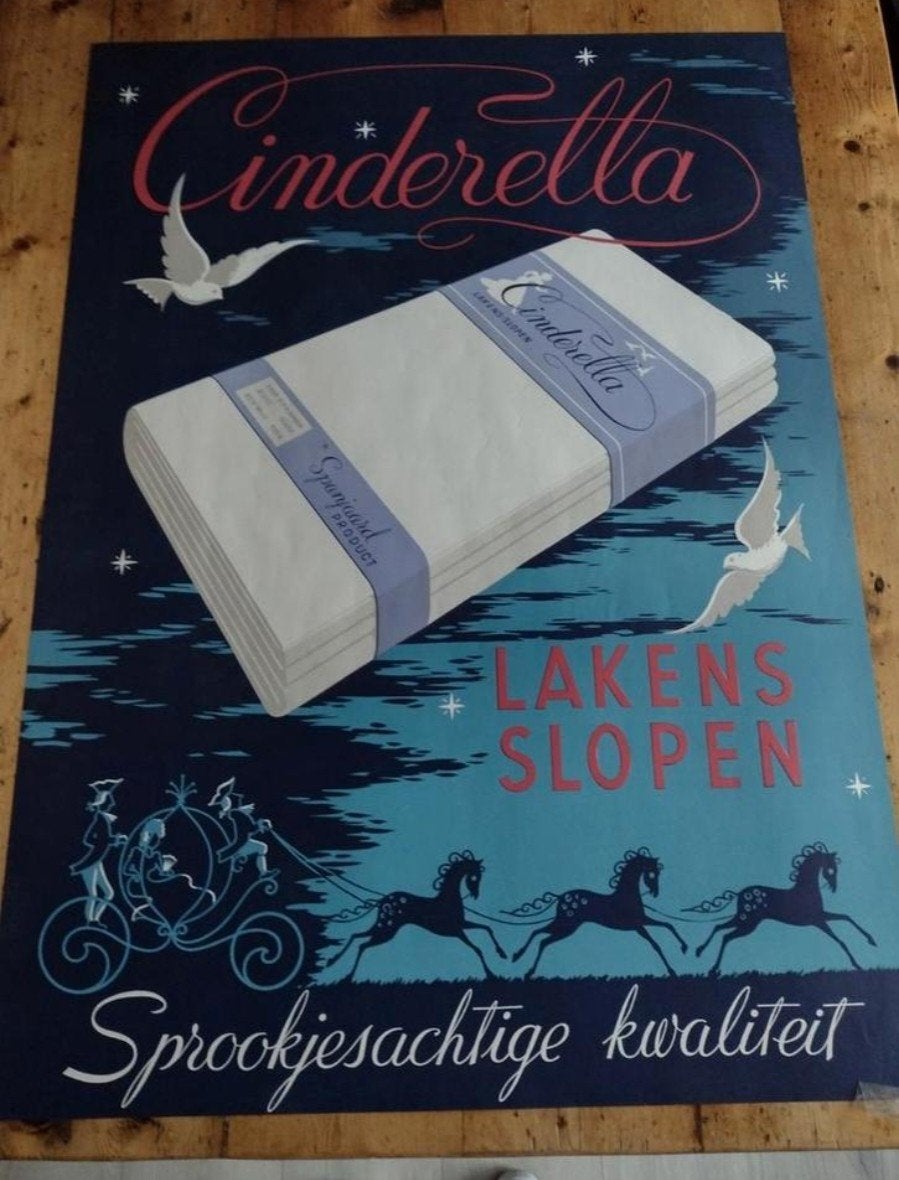Vintage Cinderella Lakens Slopen Reclame Poster, Ophalen of Verzenden, Zo goed als nieuw, Rechthoekig Staand, Reclame