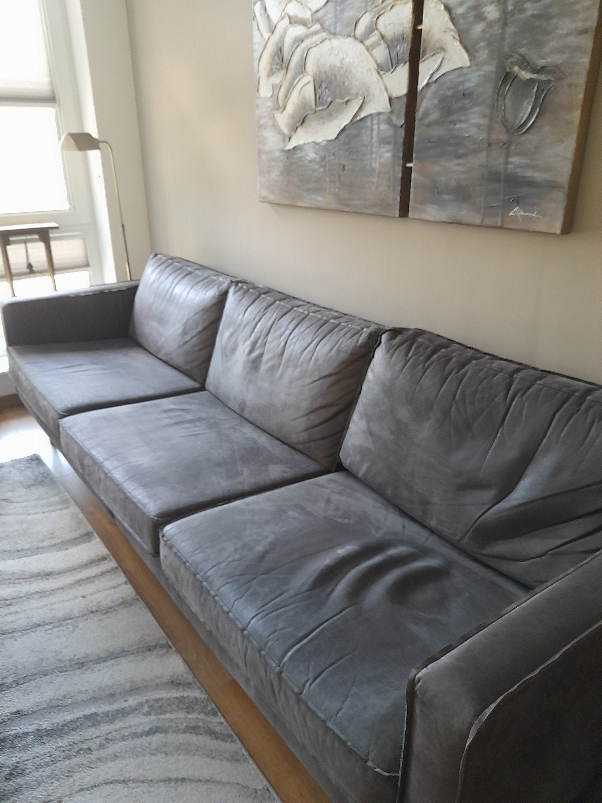 Bankstel eco leder met hocker - Grijs, 250 tot 300 cm, Gebruikt, Ophalen of Verzenden, Rechte bank
