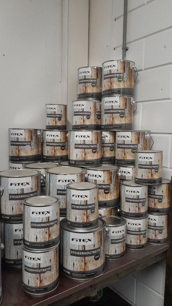 Partijtje Fitex steigerhoutbeits o.a. groen, bruin., Overige kleuren, Nieuw, Beits, Ophalen of Verzenden