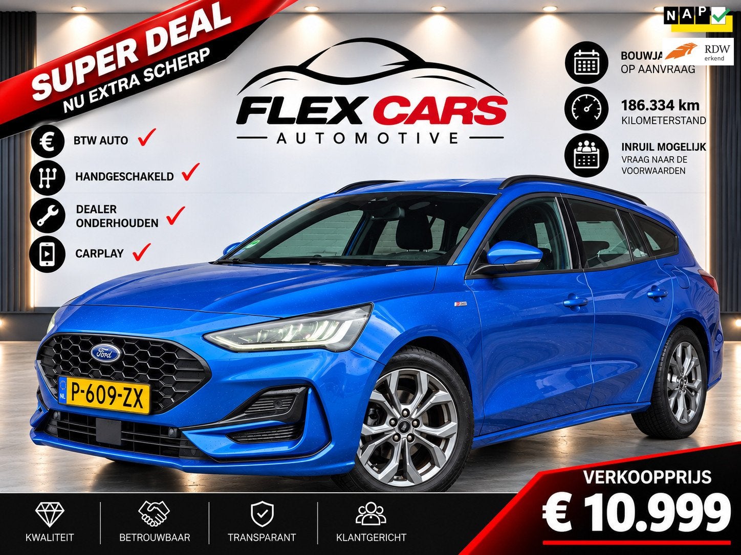 Ford Focus Wagon 1.0 EcoBoost Hybrid ST Line|NL auto|Parkeer, Dealer onderhouden, Gebruikt, Blauw, Origineel Nederlands