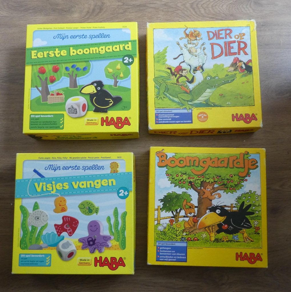 4 Haba spellen vanaf 2 jaar., Hobby en Vrije tijd, Gezelschapsspellen | Bordspellen, Vijf spelers of meer, Ophalen of Verzenden