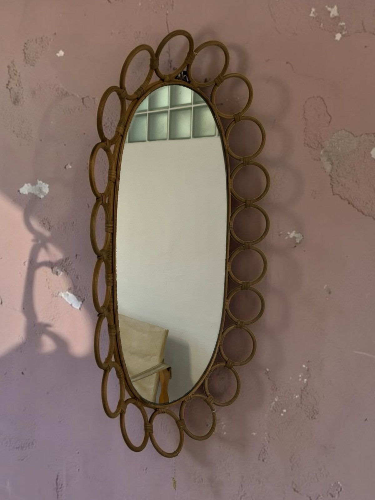 Vintage Italiaanse Bamboe Spiegel jaren 60/70, Ophalen, Ovaal, 50 tot 100 cm, Minder dan 100 cm