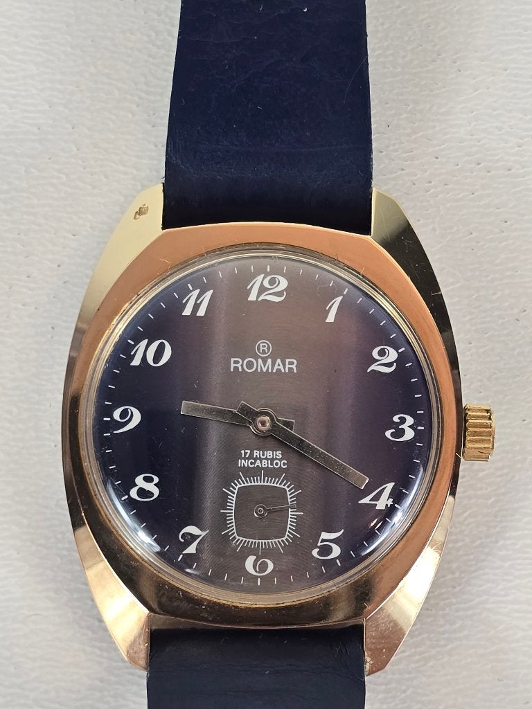 Gouden Romar, 17 RUBIS INCABLOC, Roamer, heren, jaren '70, Overige merken, Leer, Polshorloge, Ophalen of Verzenden