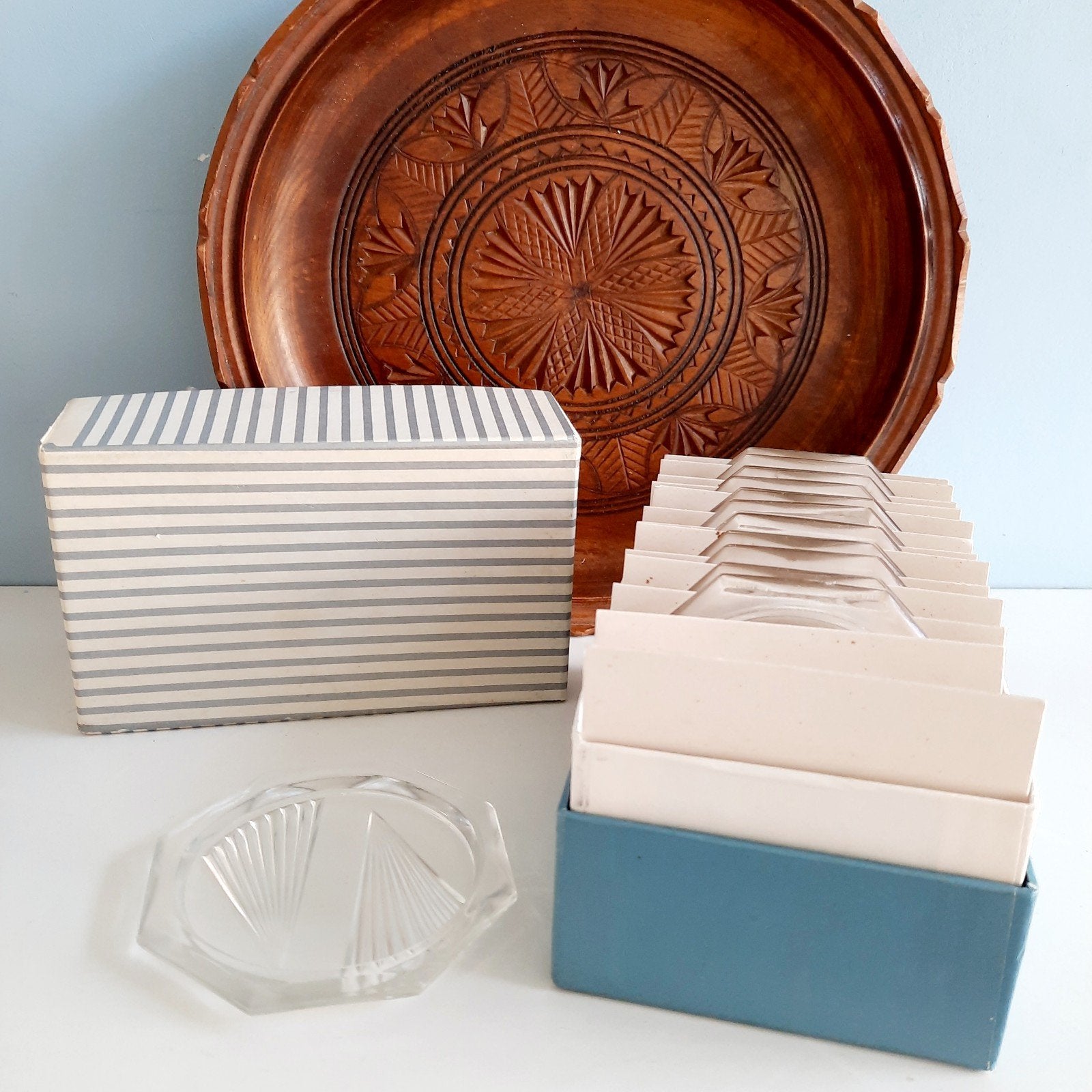 12 vintage glazen onderzetters in originele doos - compleet, Antiek en Kunst, Ophalen of Verzenden