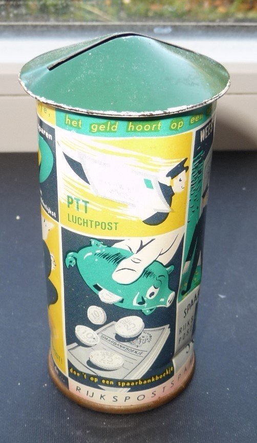 OUDE SPAARPOT VAN RIJKSPOSTSPAARBANK, BLIK VINTAGE JR 50, Verzenden, Gebruikt, Metaal of Blik, Overige thema's