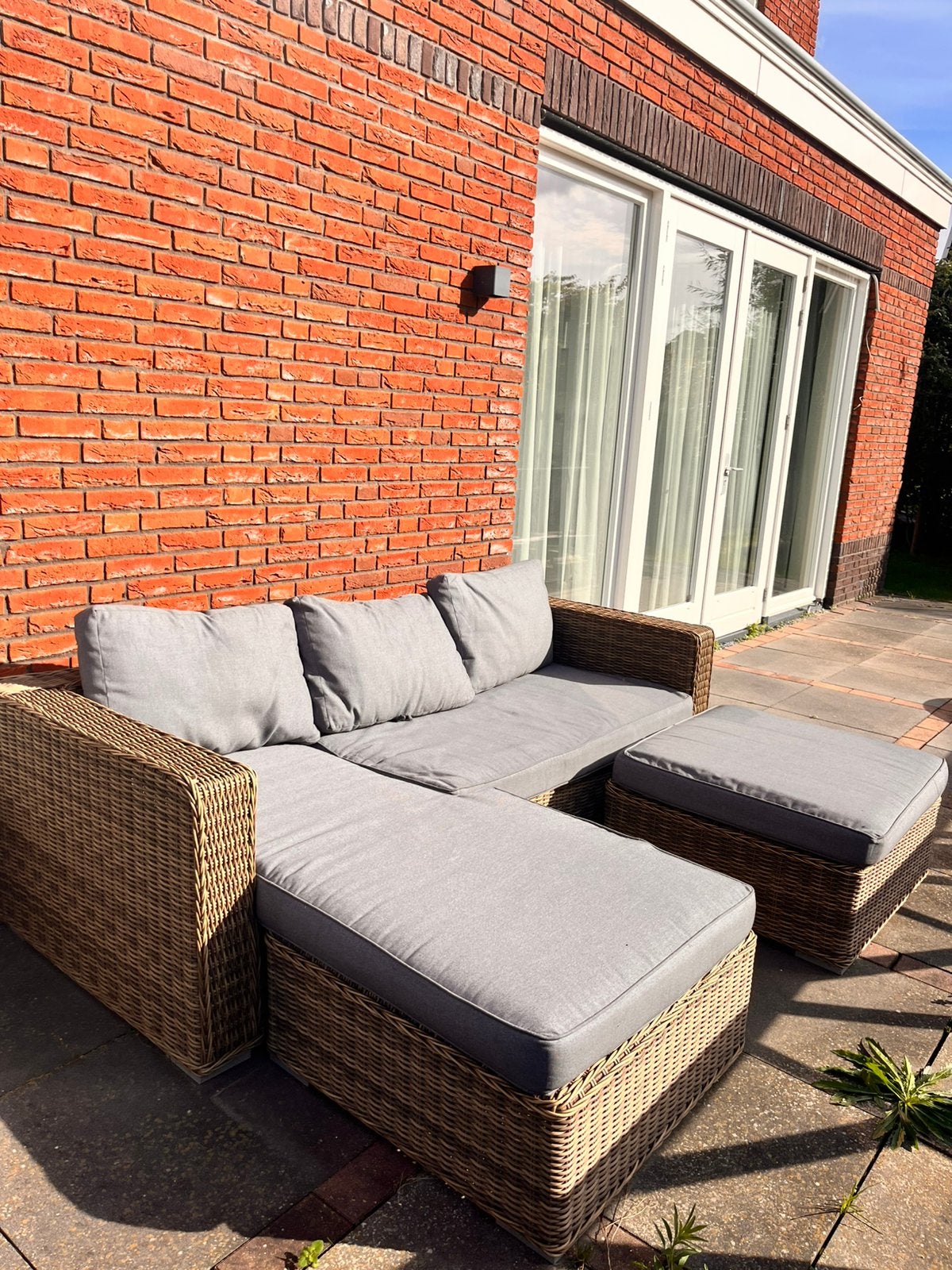 Kleine loungset 1 bank en 2 hockers met kussens, Tuin en Terras, Ophalen, Gebruikt, 3 zitplaatsen, Loungeset