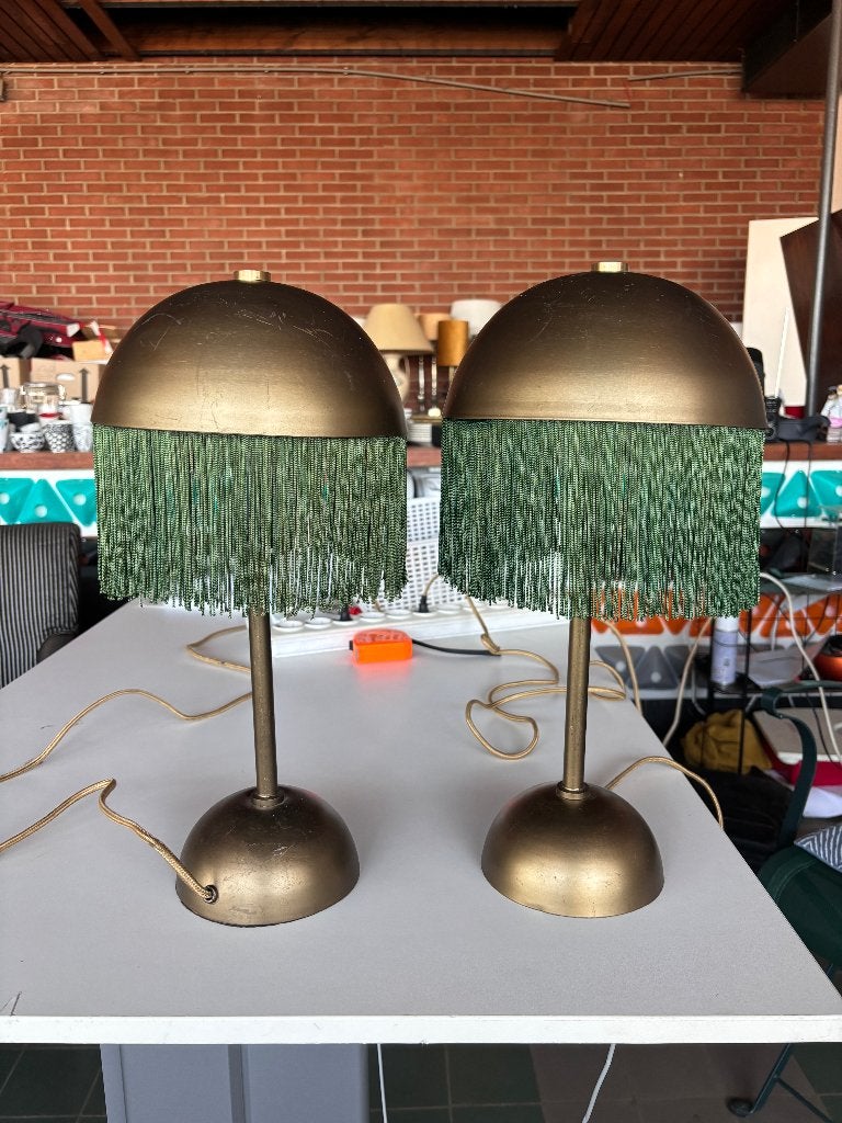 Set 2 Tafellampen Brons Groen Fringes Hollywood Regency, Ophalen, Art Deco Revival, Gebruikt, Overige materialen