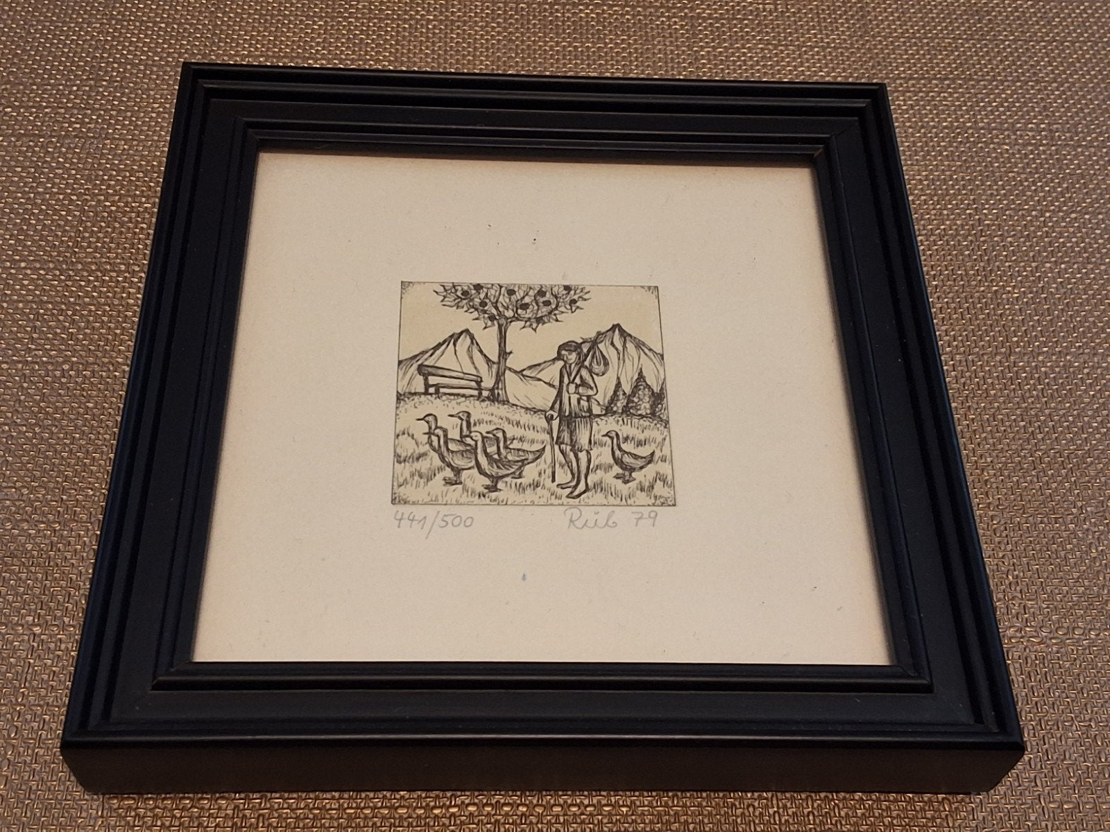 Karl Heinz Rüb  Ets "Gänsehüter" (1979), gesigneerd, 441/500, Antiek en Kunst, Ophalen of Verzenden, Genummerd, Landschap, 1950 - 1999