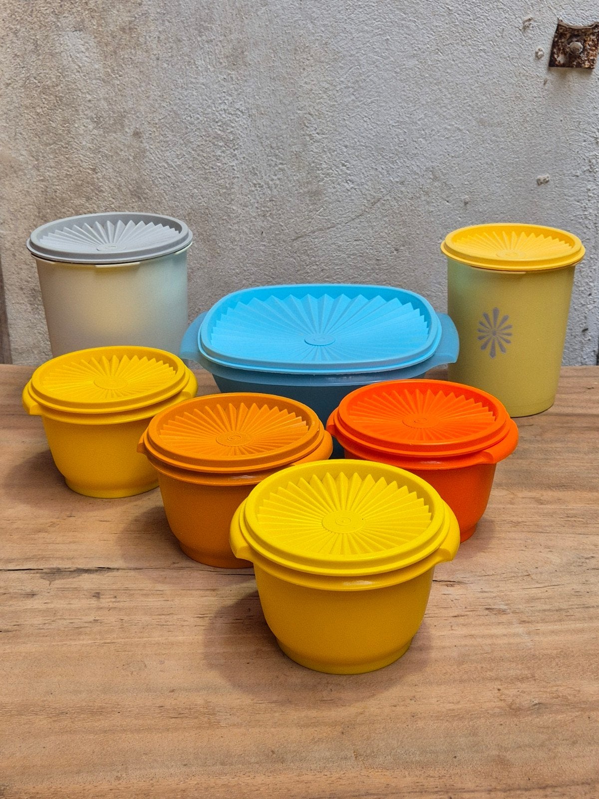 Vintage Tupperware set 70s met Zonnedeksel., Gebruikt, Tupperware, Overige kleuren, Luchtdicht