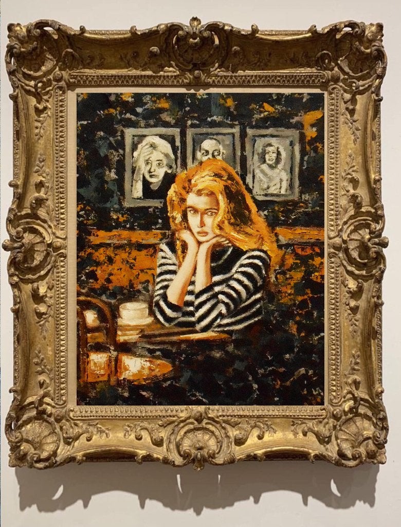 "In het café. Wachten."  Schilderij, Met textuur, Verzenden, Olieverf, Portret