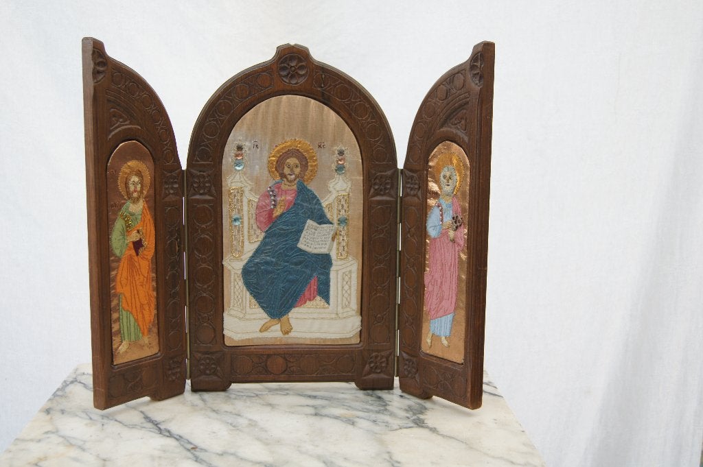 Antiek houten drieluik icoon met religieuze afbeeldingen, Ophalen