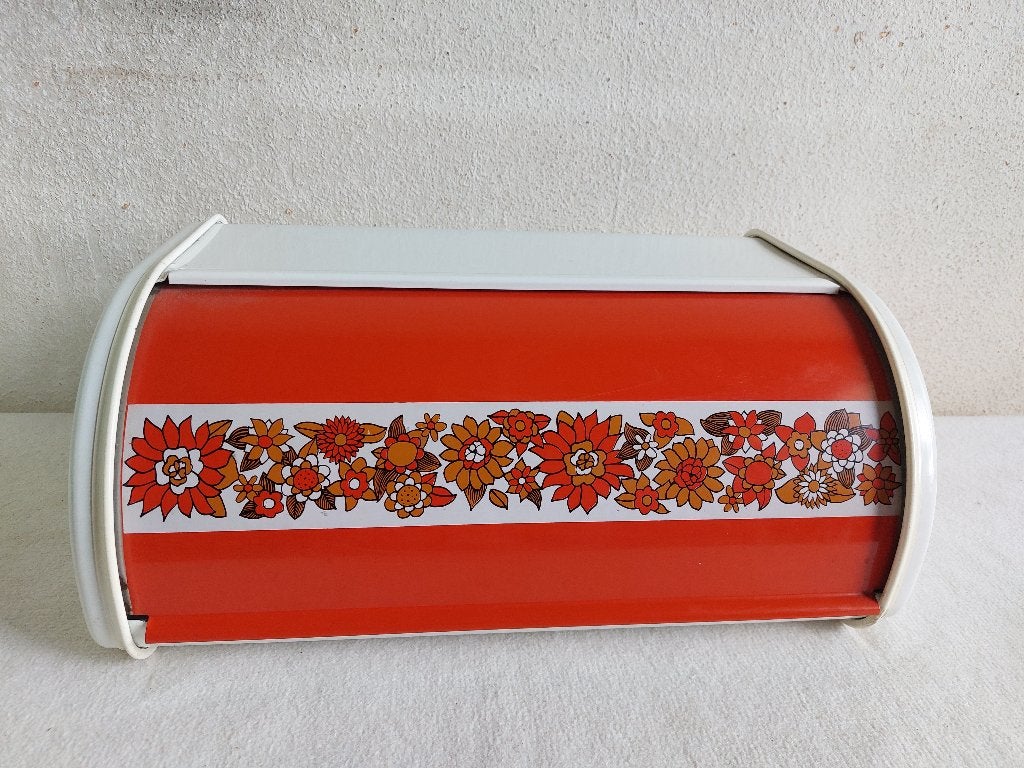 Retro broodtrommel metaal roldeksel oranje wit bloempatroon, Verzamelen, Retro, Ophalen, Huis en Inrichting